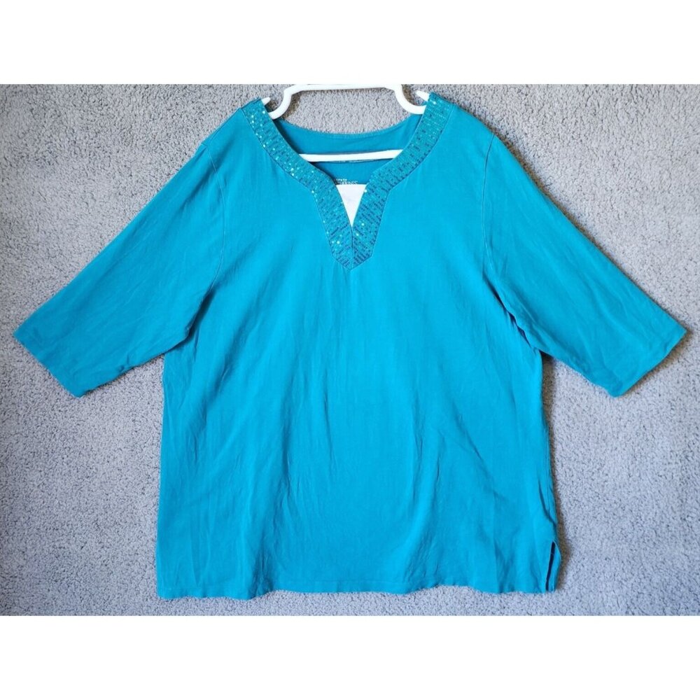 Liz & Me For Catherine’s Women's 1/2 Sleeve Sequin V Neck T Shirt Top Blue Sz 1X